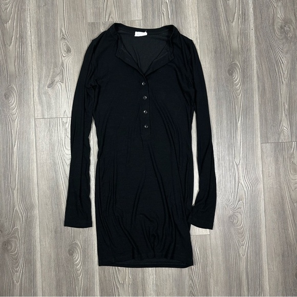 CLYQUE Black Ribbed Henley Mini Dress Long Sleeve Bodycon Stretch Party - Picture 1 of 6